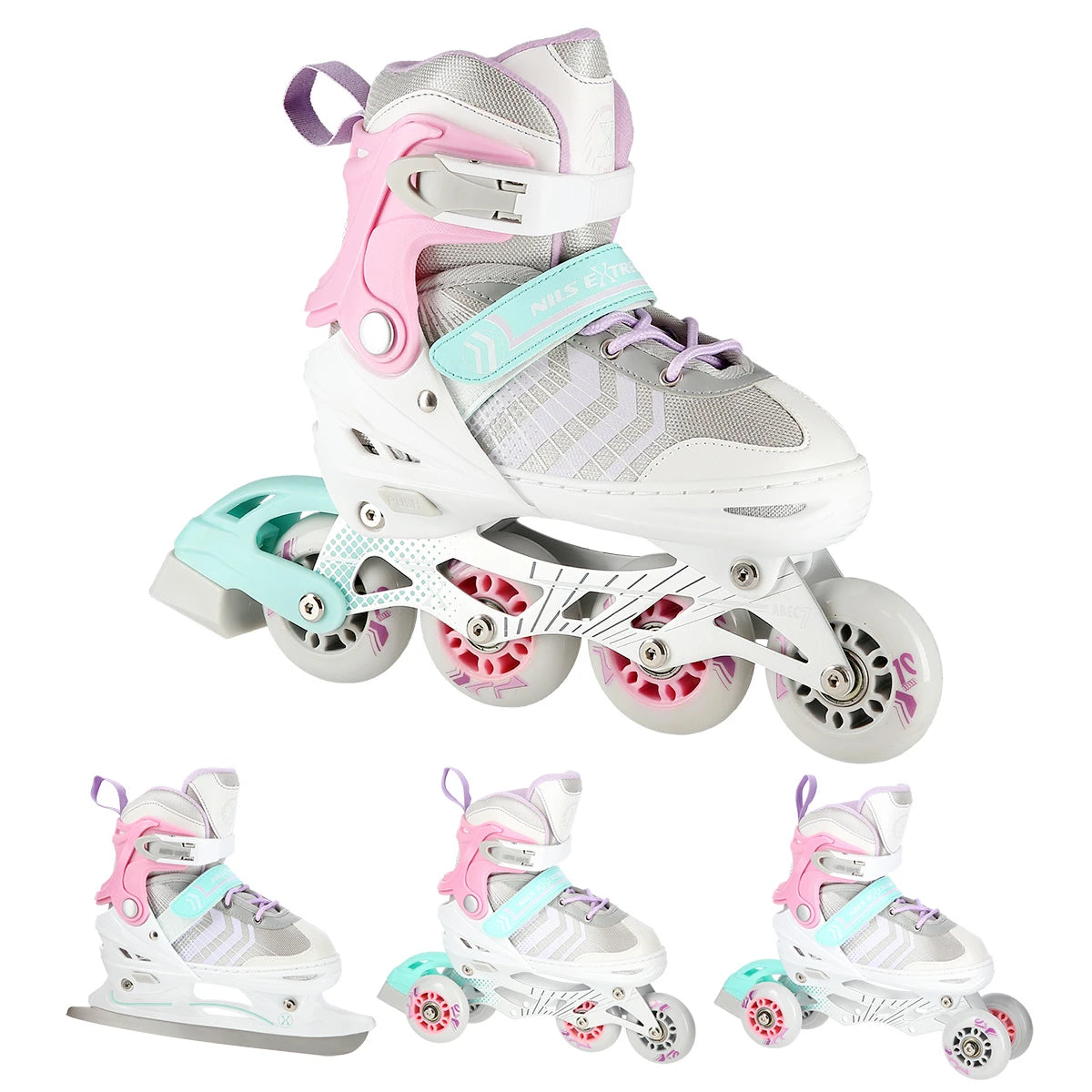4in1 (rull)uisud NILS EXTREME NH18192, In-line Skates/Hockey Ice Skates, S (29-33), Pink/Mint/White