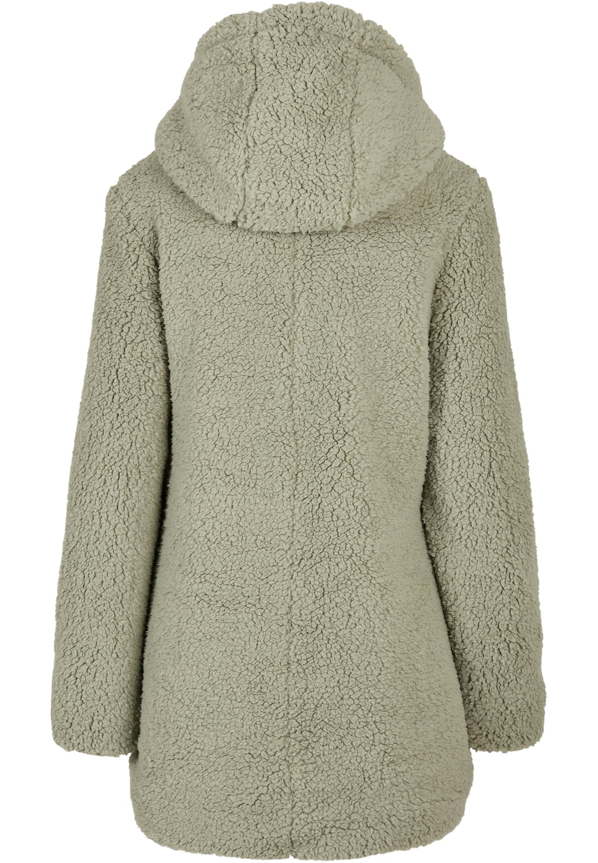 Baksidan av en ljusgrön sherpajacka med huva.