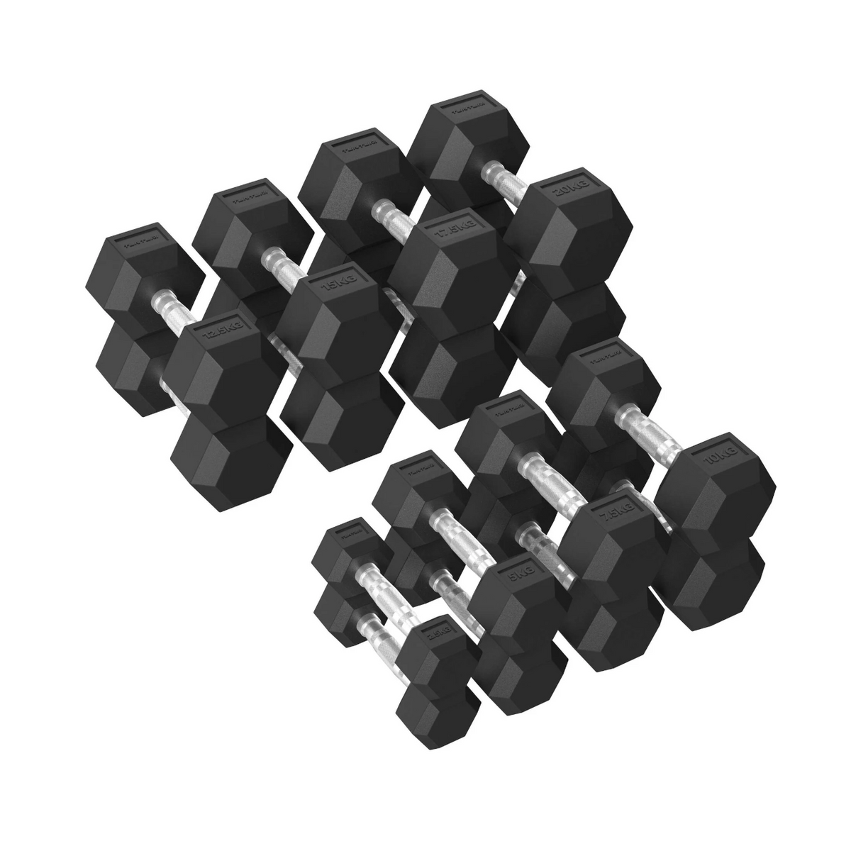 Hantelset TUNTURI Platinum Hex Rubber Dumbbells, 2,5-20 kg