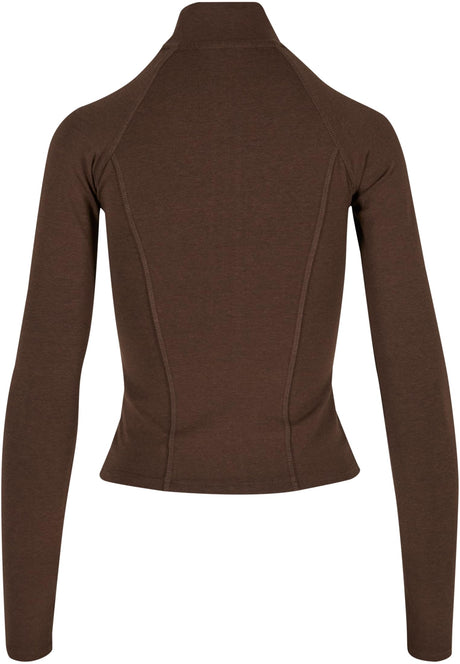 Baksidan av en brun, figursydd DEF GYM Track Jacket med hög krage.