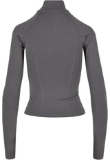 Baksidan av en grå, långärmad träningsjacka.