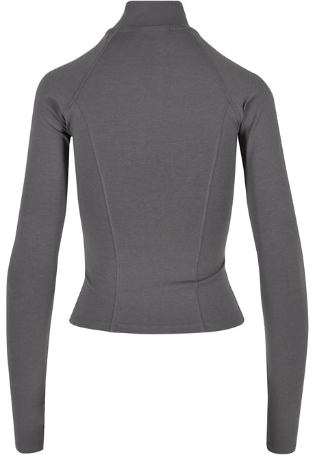 Baksidan av en grå, långärmad träningsjacka.