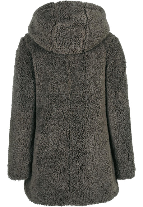 Baksidan av en mörk UC Sherpa Jacka med huva.