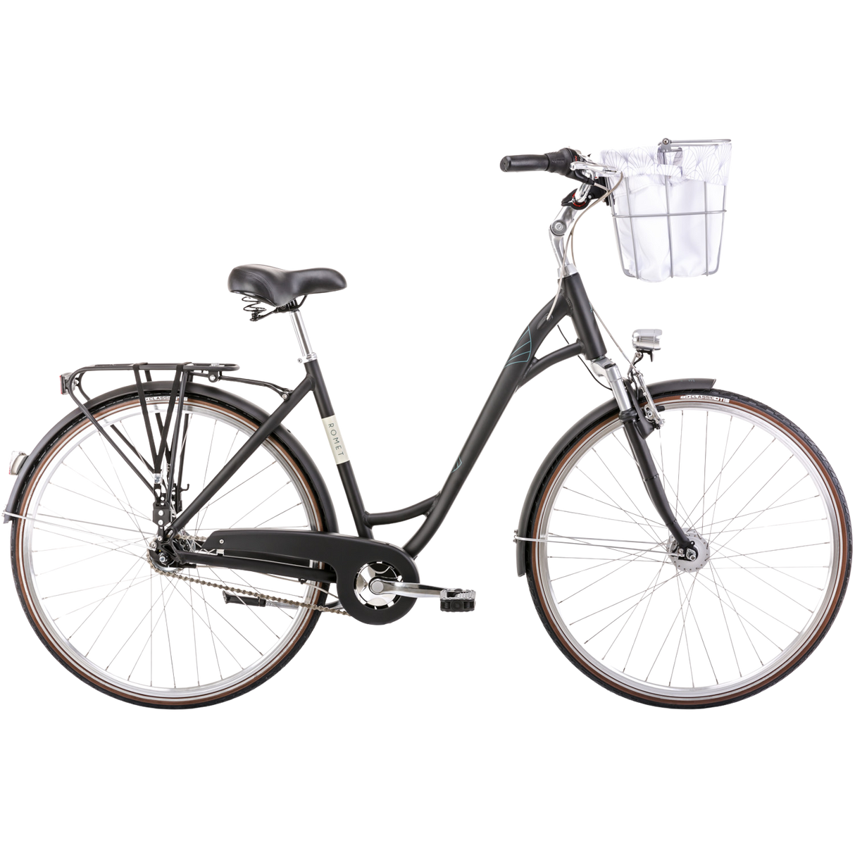 Cykel ROMET Art Deco Lux, med främre korg, svart