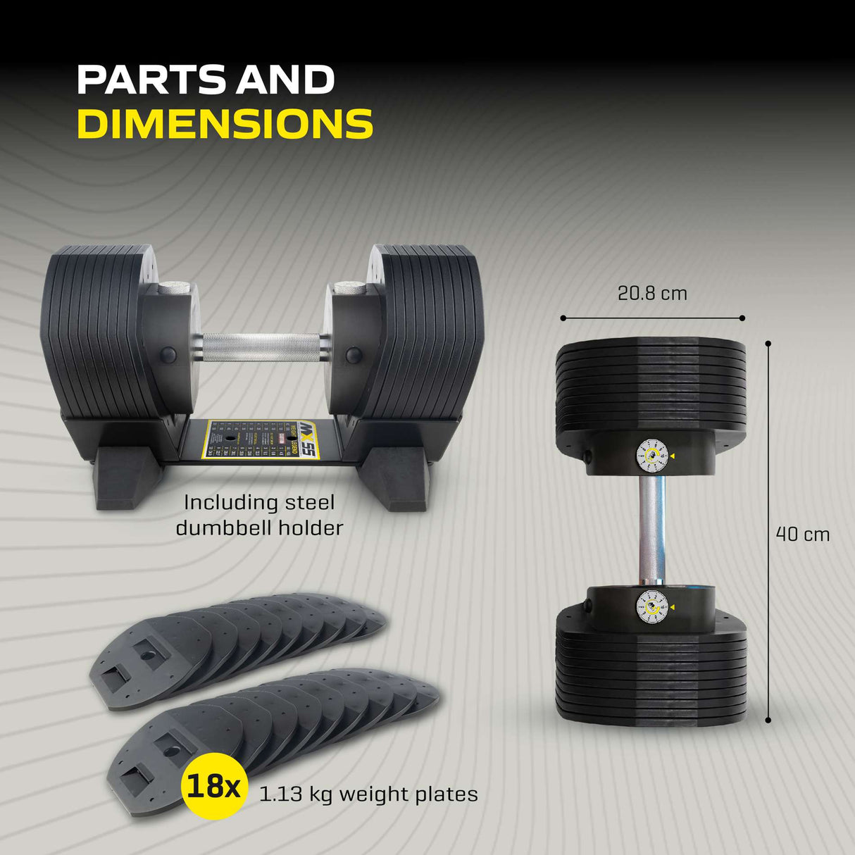 Justerbar hantel TUNTURI MX55 Hantel 4,5-24,9 kg, räfflad