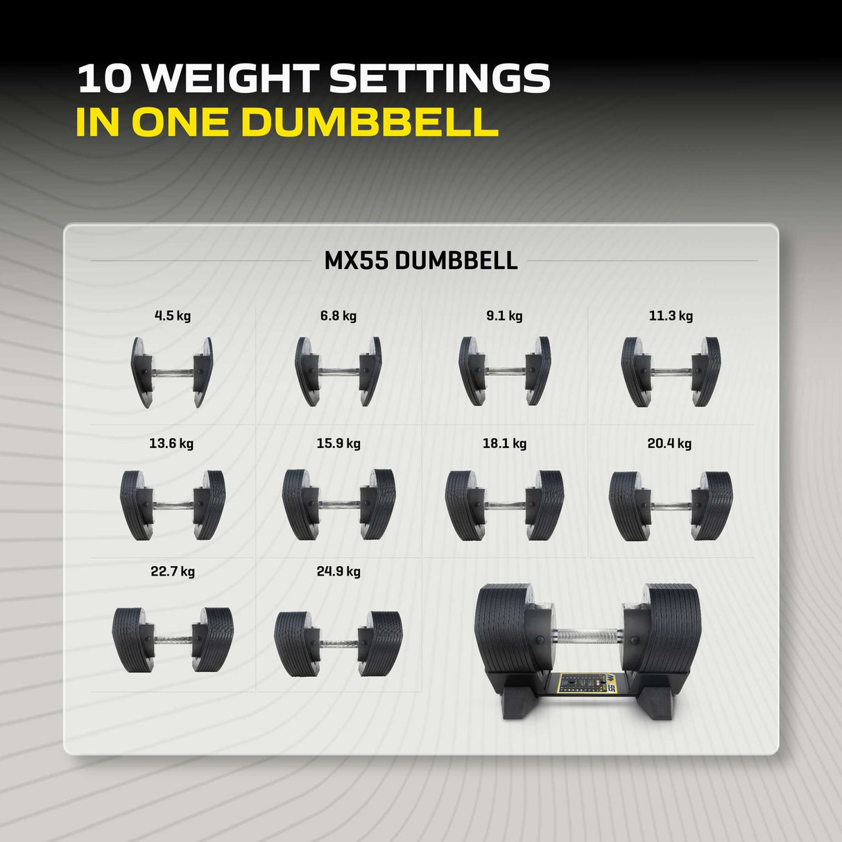 Justerbar hantel TUNTURI MX55 Hantel 4,5-24,9 kg, räfflad