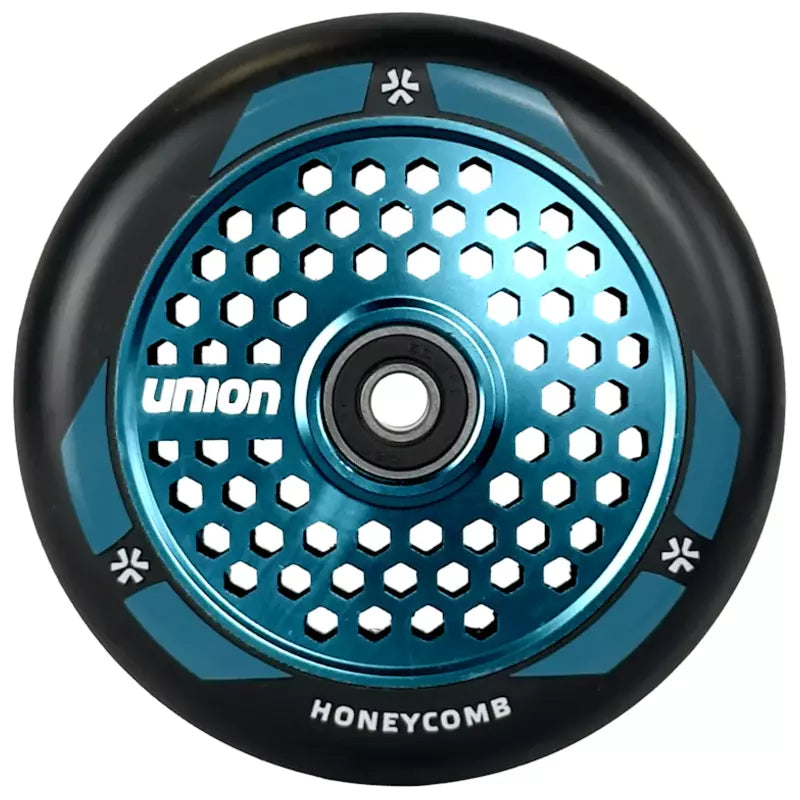 Hjul till sparkcykel UNION Honeycomb Pro Scooter Wheel 110mm, svart/polerad turkos